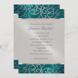 Convite Bat Mitzvah Elegante Teal Blue e Silver Filigree