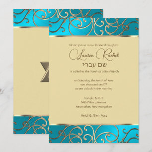 Convite Bat Mitzvah Elegante Turquesa Azul Filigre Dourado