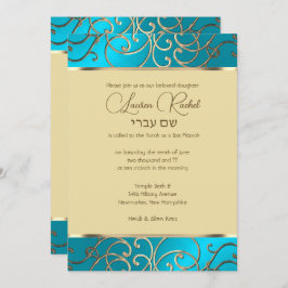 Convite Bat Mitzvah Elegante Turquesa Azul Filigre Dourado