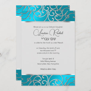 Convite Bat Mitzvah Elegante Turquesa Blue Silver Filigree