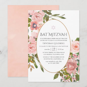 Convite Bat Mitzvah em Aquarela Rosa e Dourado Rosa