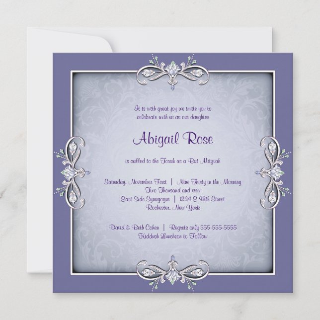 Convite Bat Mitzvah em Damasco Roxo (Frente)
