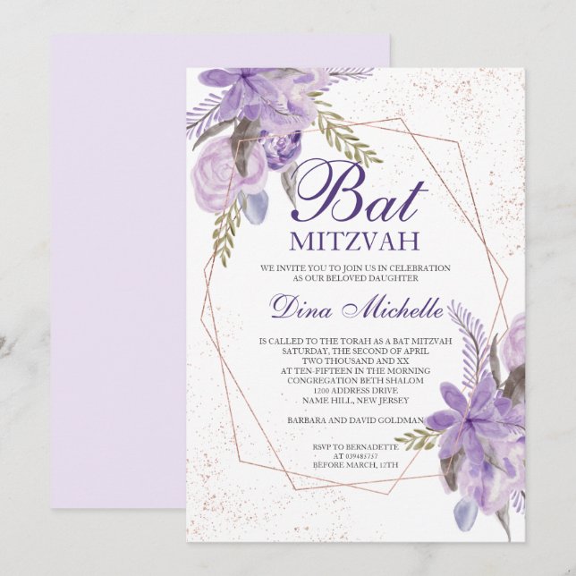 Convite Bat Mitzvah em rosa dourado com flores roxas em aq (Frente/Verso)