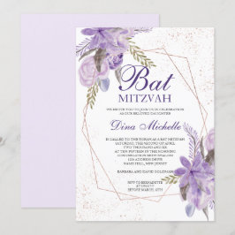 Convite Bat Mitzvah em rosa dourado com flores roxas em aq