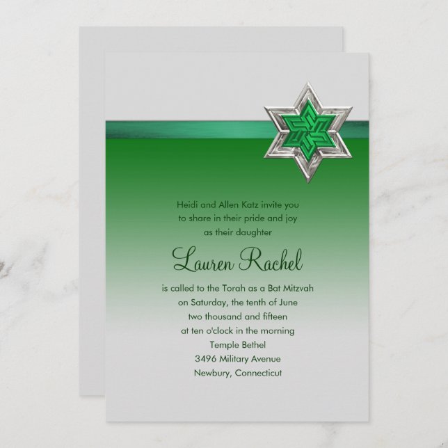 Convite Bat Mitzvah Emerald Green Ombre Ribbon e Star (Frente/Verso)