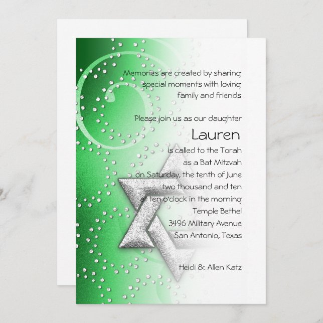 Convite Bat Mitzvah Emerald Shimmer Star de David (Frente/Verso)