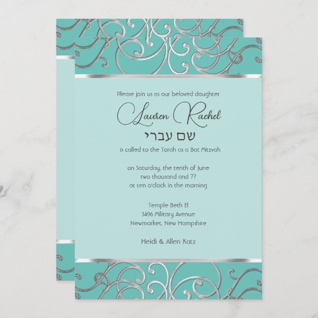 Convite Bat Mitzvah Escolhe Cores Silver Filigree (Frente/Verso)