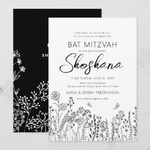 Convite Bat Mitzvah Estilo de Letra Floral Esboço