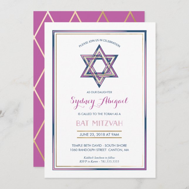 Convite Bat Mitzvah - Estrela de David com Dourado (Frente/Verso)