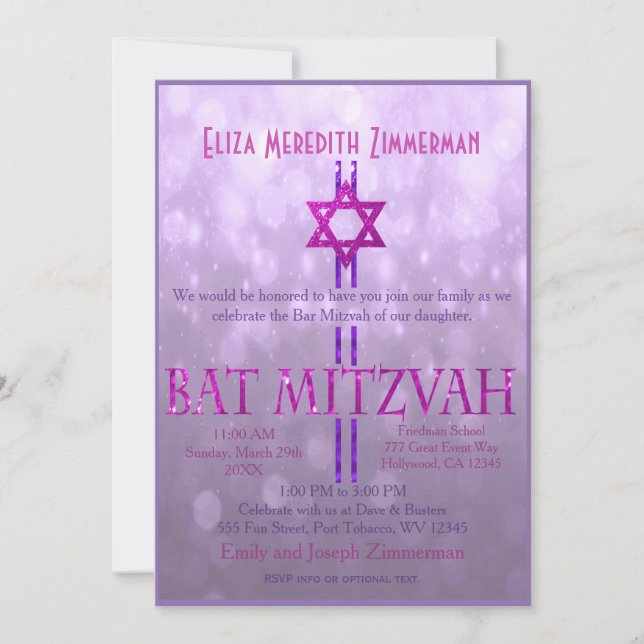 Convite Bat Mitzvah | Estrela de David | Roxo (Frente)