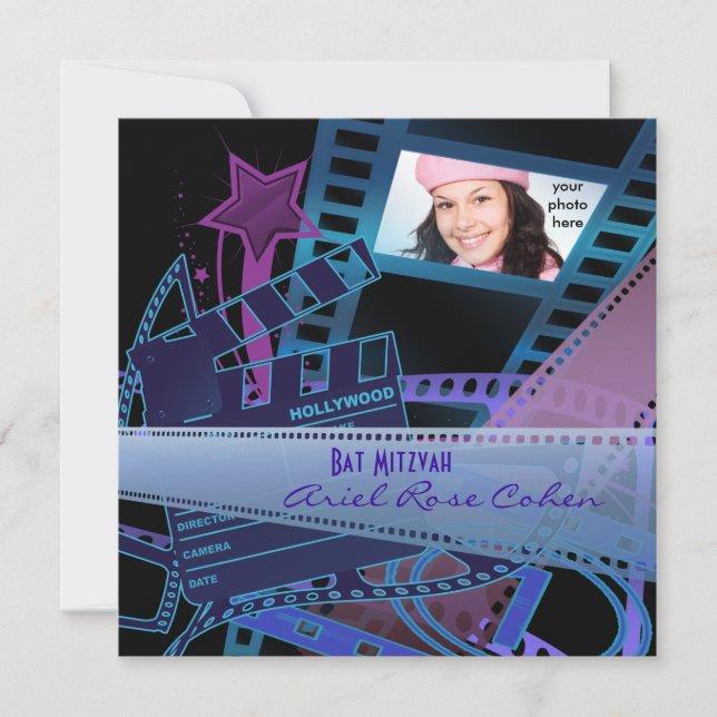 Convite Bat Mitzvah Estrela de Hollywood Foto Roxa (Frente)