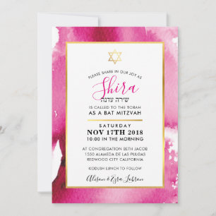 Convite BAT MITZVAH - estrela dourada - cor-de-água rosa -