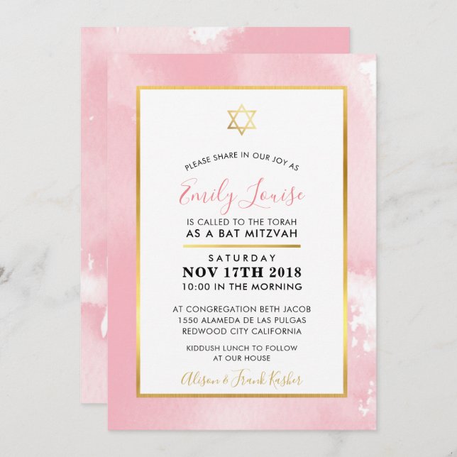 Convite BAT MITZVAH - estrela dourada, cor rosa pálida, co (Frente/Verso)