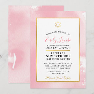 Convite BAT MITZVAH - estrela dourada, cor rosa pálida, co