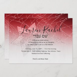 Convite Bat Mitzvah Estrela Vermelha de David Glittery Con
