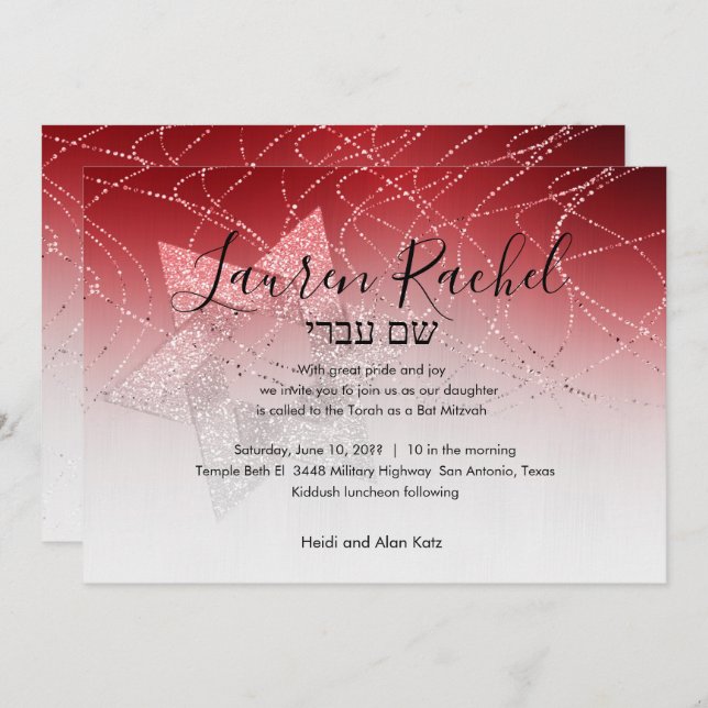 Convite Bat Mitzvah Estrela Vermelha de David Glittery Con (Frente/Verso)