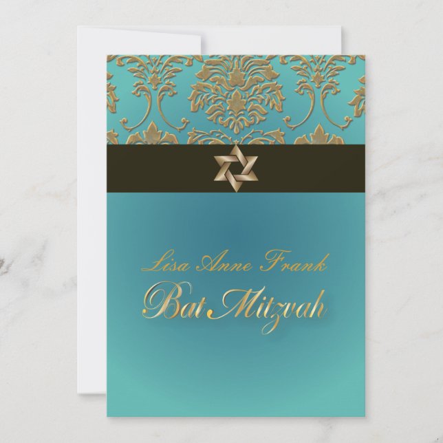 Convite Bat Mitzvah+Faux Dourado Damask/black+aqua (Frente)