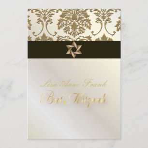 Convite Bat Mitzvah+Faux Dourado Damask/black+pérola