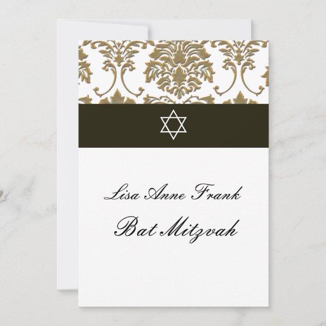 Convite Bat Mitzvah+Faux Dourado Damask/black+white (Frente)