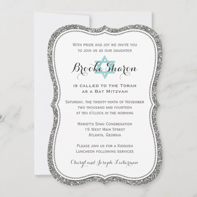 Convite Bat Mitzvah| FAUX Silver Gliter (Frente)