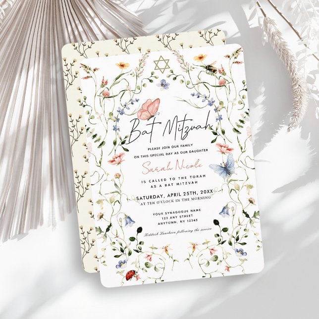 Convite Bat Mitzvah Flor Silvestre Borboleta Abelha (Criador carregado)