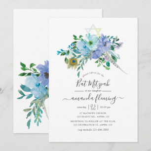 Convite Bat Mitzvah Floral Boho em Aquarela Azul e Hortelã