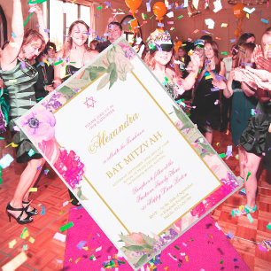 Convite Bat Mitzvah Floral Branco Dourado Cor Hebraica