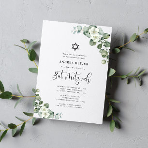 Convite Bat Mitzvah Floral Branco em Aquarela Eucalipto
