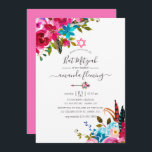 Convite Bat Mitzvah, Floral Chic, Cor-de-Água Rosa<br><div class="desc">Boho chic rosa-quente e azul-água-turquesa buquês florais bat mitzvah convite com elegante tipografia de escrita manual.</div>