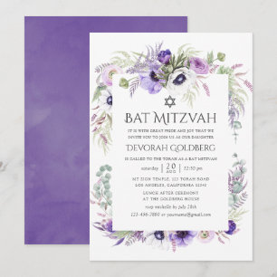 Convite Bat Mitzvah Floral de Aquarela Violeta Ultra