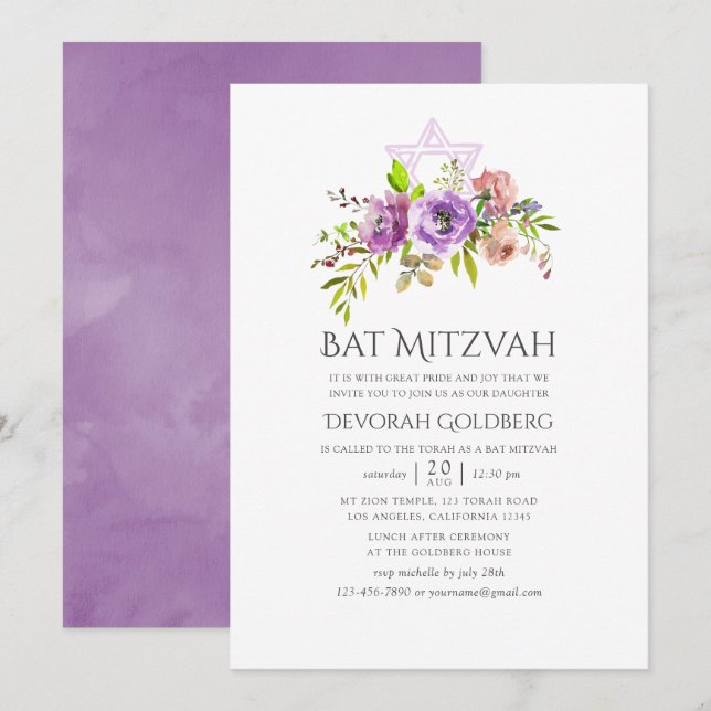 Convite Bat Mitzvah Floral de Primavera (Frente/Verso)