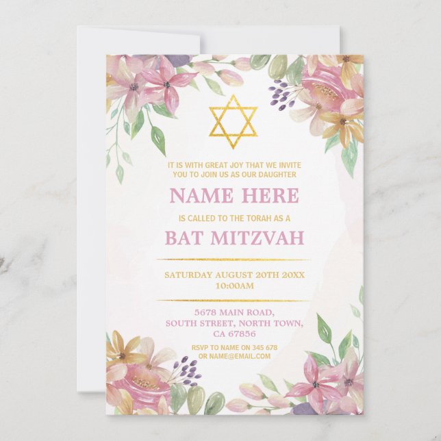 Convite Bat Mitzvah Floral Invite Glitter Girl Star Dourad (Frente)
