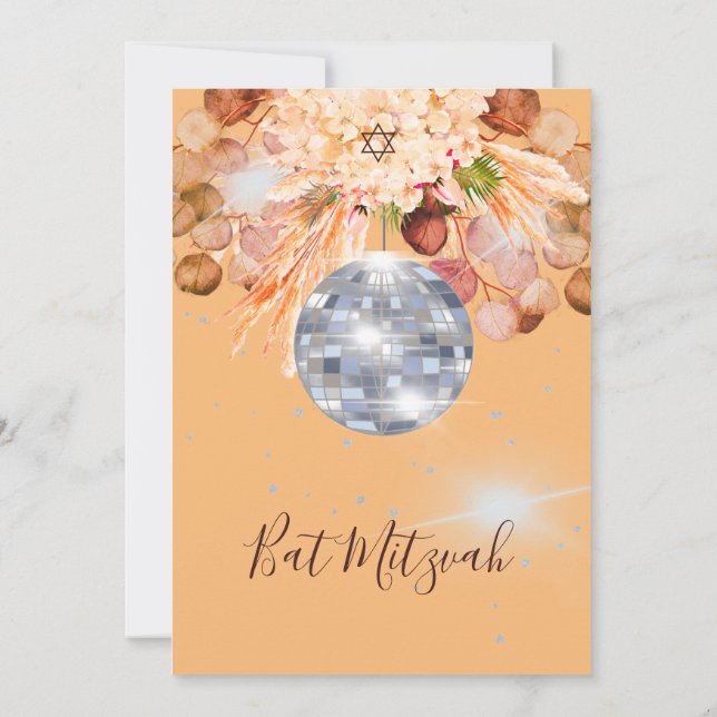 Convite Bat Mitzvah Floral Orange Disco Ball (Verso)