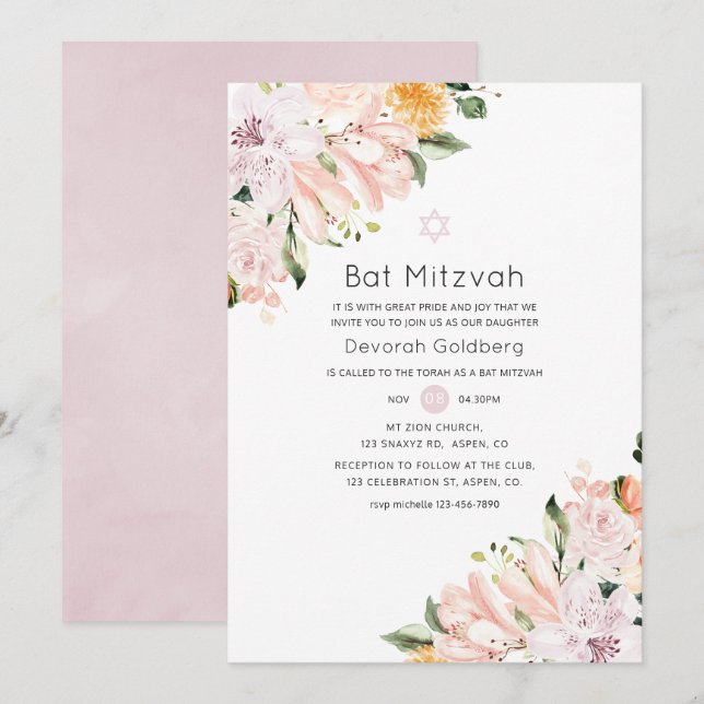 Convite Bat Mitzvah Floral Pastel (Frente/Verso)