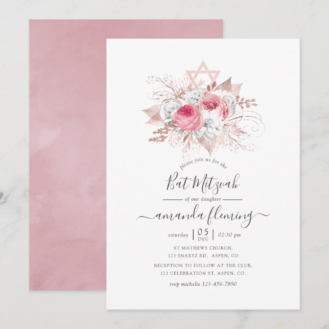 Convite Bat Mitzvah Floral Rosa e Dourado Rosa (Frente/Verso)