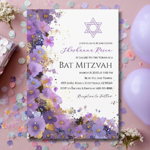 Convite Bat Mitzvah Floral Roxo e Dourado