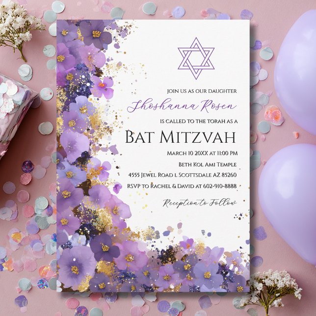 Convite Bat Mitzvah Floral Roxo e Dourado (Criador carregado)