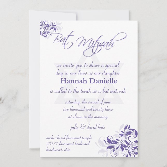 Convite Bat Mitzvah Floral Roxo Formal (Frente)