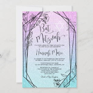 Convite Bat Mitzvah Floral Roxo Turquesa Moderno Brilho Fa