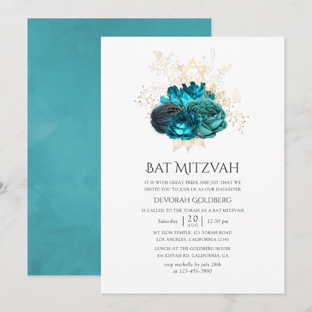 Convite Bat Mitzvah Floral Teal e Dourado (Frente/Verso)