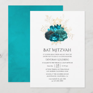 Convite Bat Mitzvah Floral Teal e Dourado