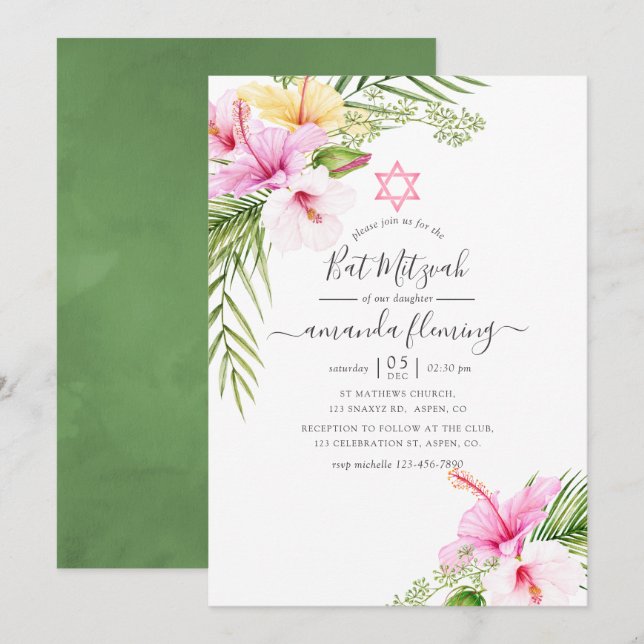 Convite Bat Mitzvah Floral Tropical aquarela (Frente/Verso)