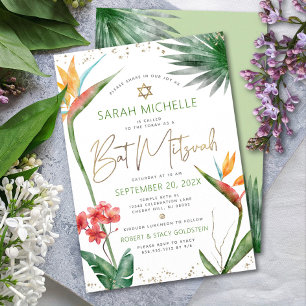 Convite Bat Mitzvah Floral Tropical Aquarela Letra Dourada