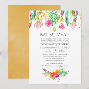 Convite Bat Mitzvah Floral Tropical de Verão em Aquarela