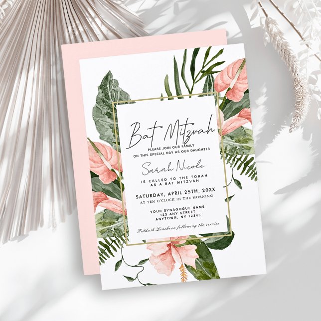 Convite Bat Mitzvah Floral Tropical Rosa (Criador carregado)