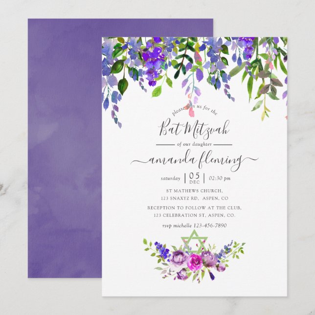Convite Bat Mitzvah Floral Violeta Aquarela (Frente/Verso)