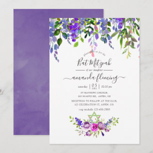 Convite Bat Mitzvah Floral Violeta Aquarela