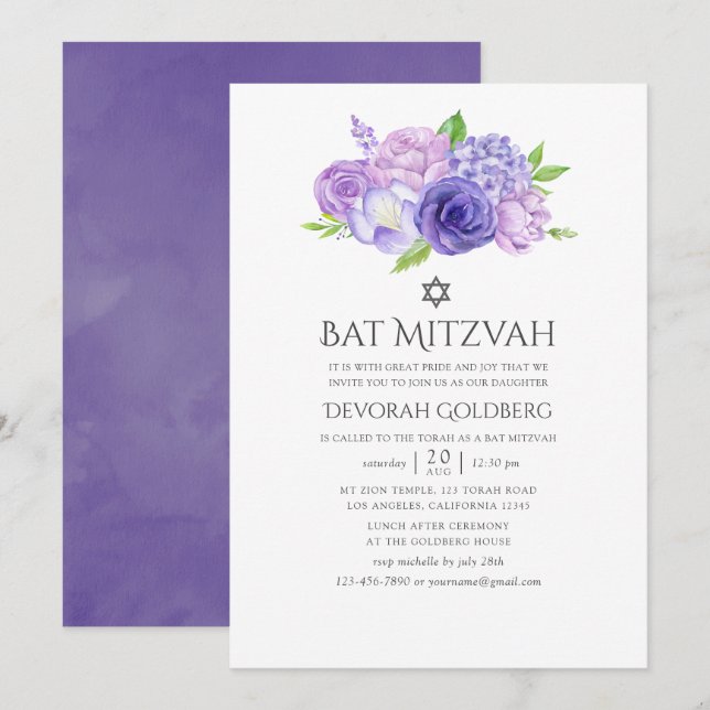 Convite Bat Mitzvah Floral Violeta Ultra (Frente/Verso)