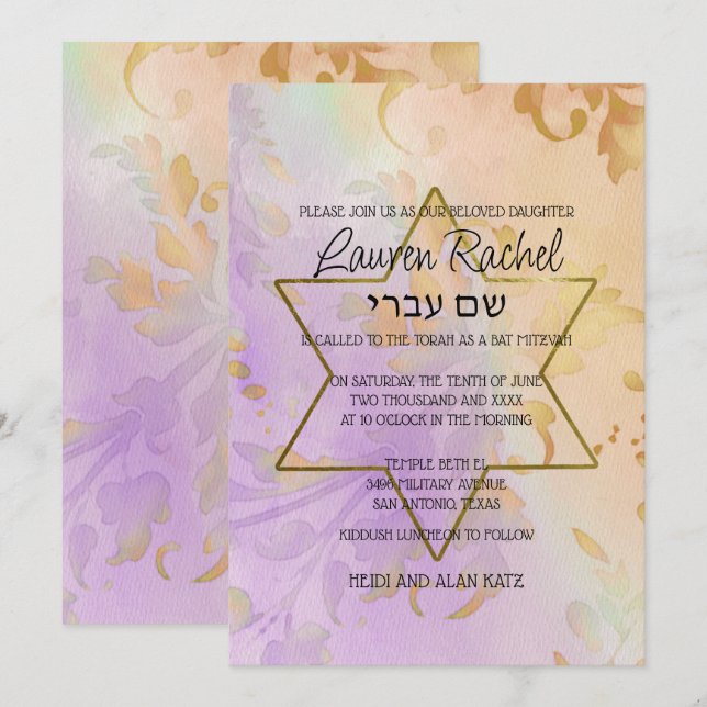 Convite Bat Mitzvah Floral Watercolor Pêssego Puro (Frente/Verso)