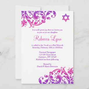 Convite Bat Mitzvah, Floreio Rosa Elegante
